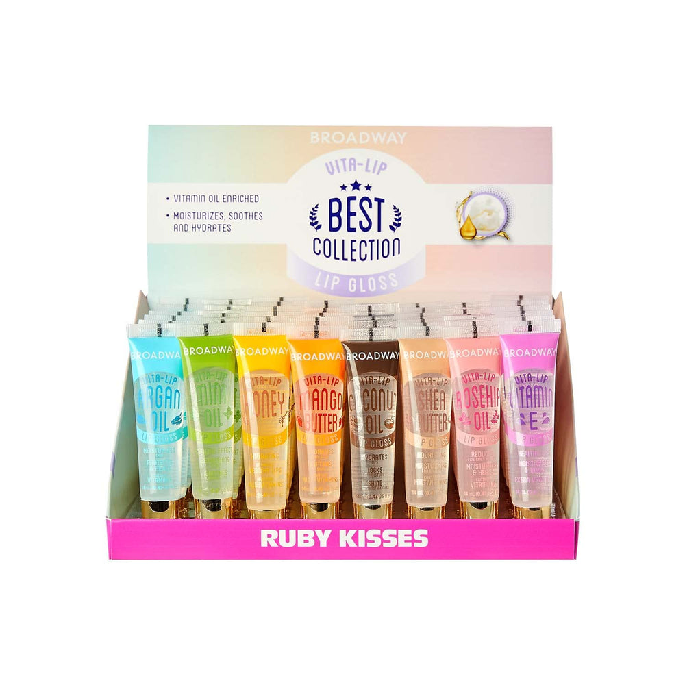 Ruby Kisses Broadway Vita-Lip Gloss muestra envase claro para aplicación precisa