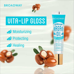 Ruby Kisses Broadway Vita-Lip gloss envase transparente para ver color y brillo.