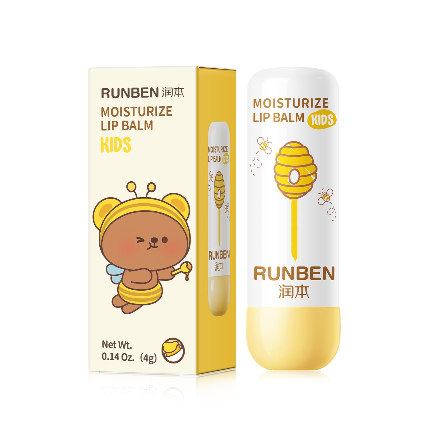 RUNBEN Kids Lip Balm front view showing gentle, moisturizing formula for delicate lips