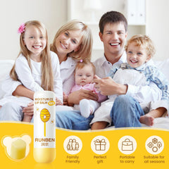RUNBEN lip balm packaging close-up shows fragrance-free, mild formula