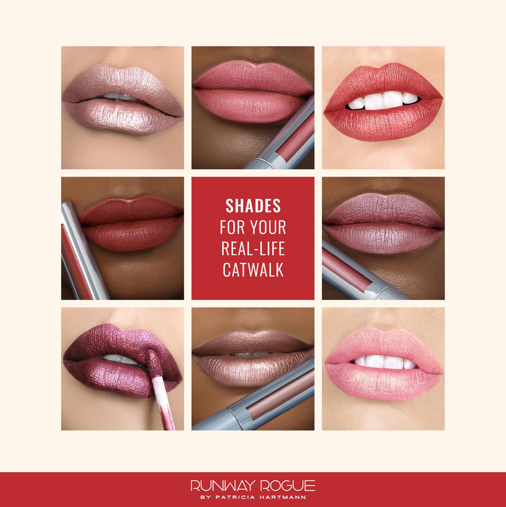 Runway Rogue Pearl Glam labial, acabado perlado suave para uso diario.