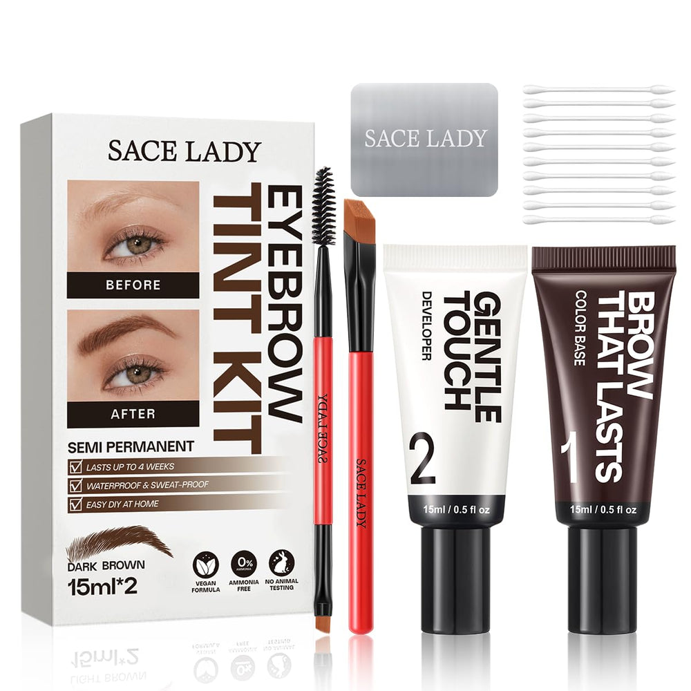 Kit de coloración SACE LADY con bandeja mezcladora para cejas en tono marrón oscuro, uso sencillo.