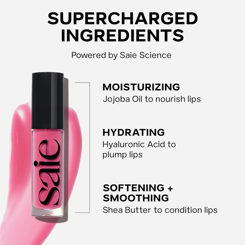 Saie GlossyBounce six-shades display for versatile daily looks.
