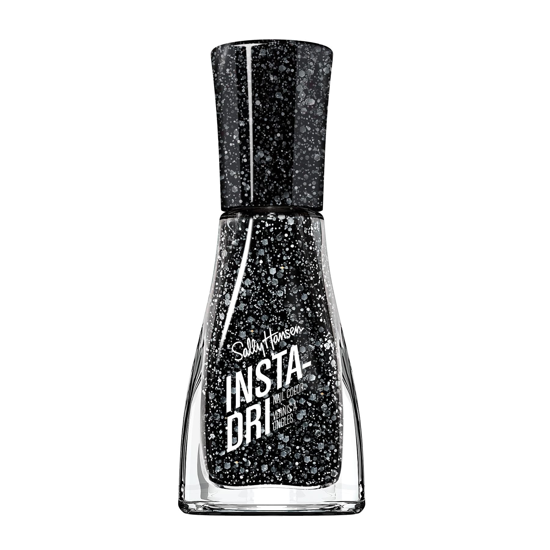 Esmalte Sally Hansen Insta-Dri negro con brillo blanco para uñas llamativas