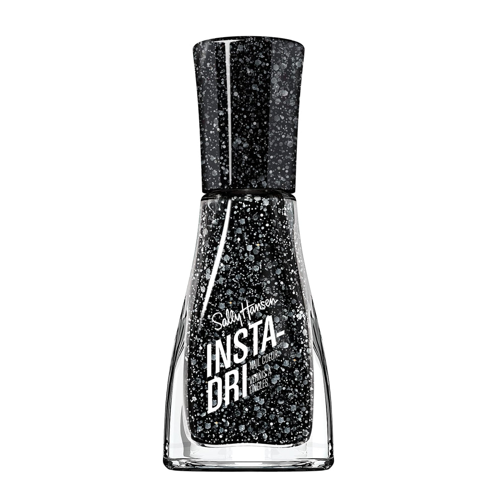 Esmalte Sally Hansen Insta-Dri negro con brillo blanco para uñas llamativas