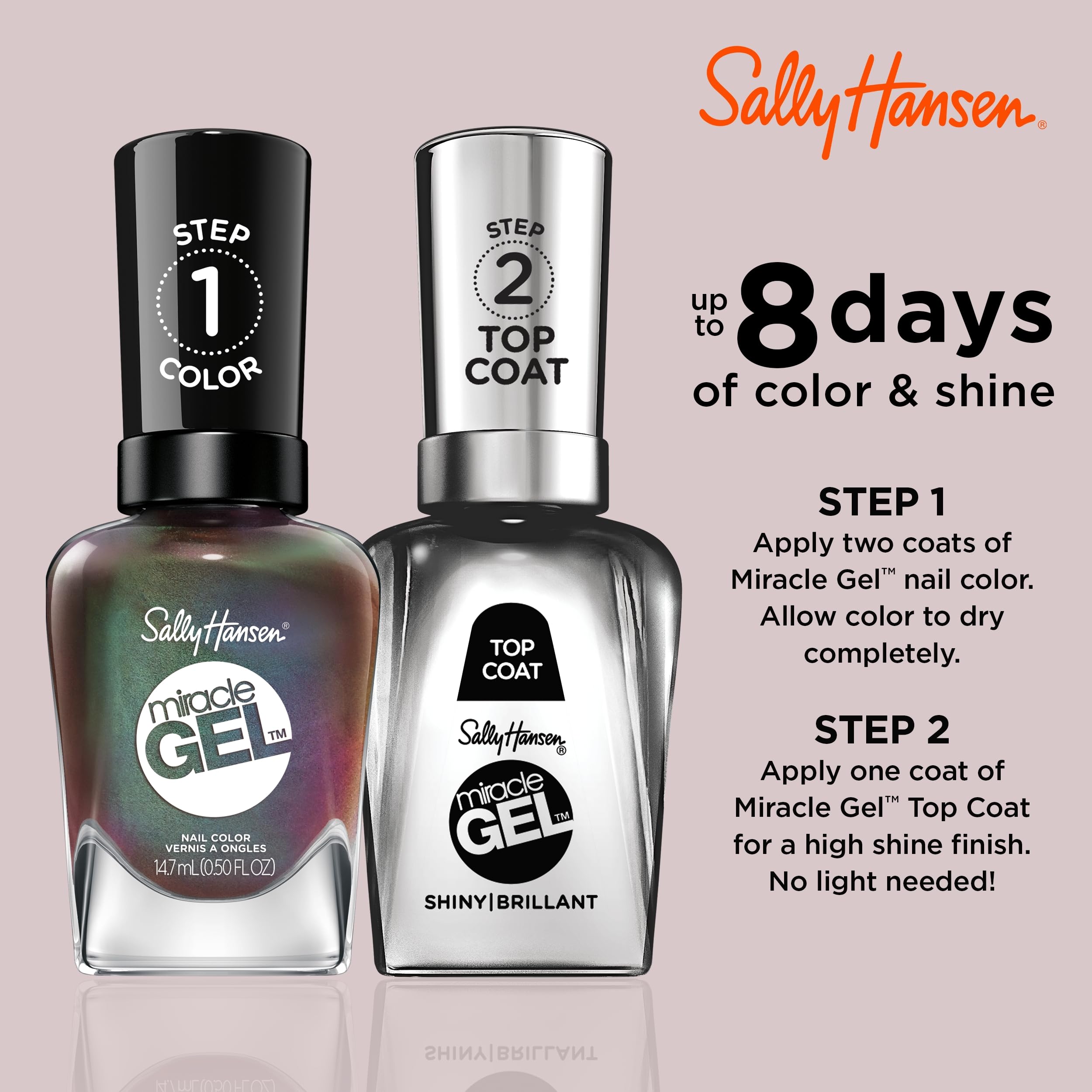Sally Hansen Miracle Gel durabilidad hasta ocho días con capa superior.