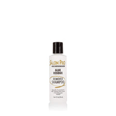 SalonPro champú removedor de residuos de pegamento, envase delantero, brillo natural potencializado.