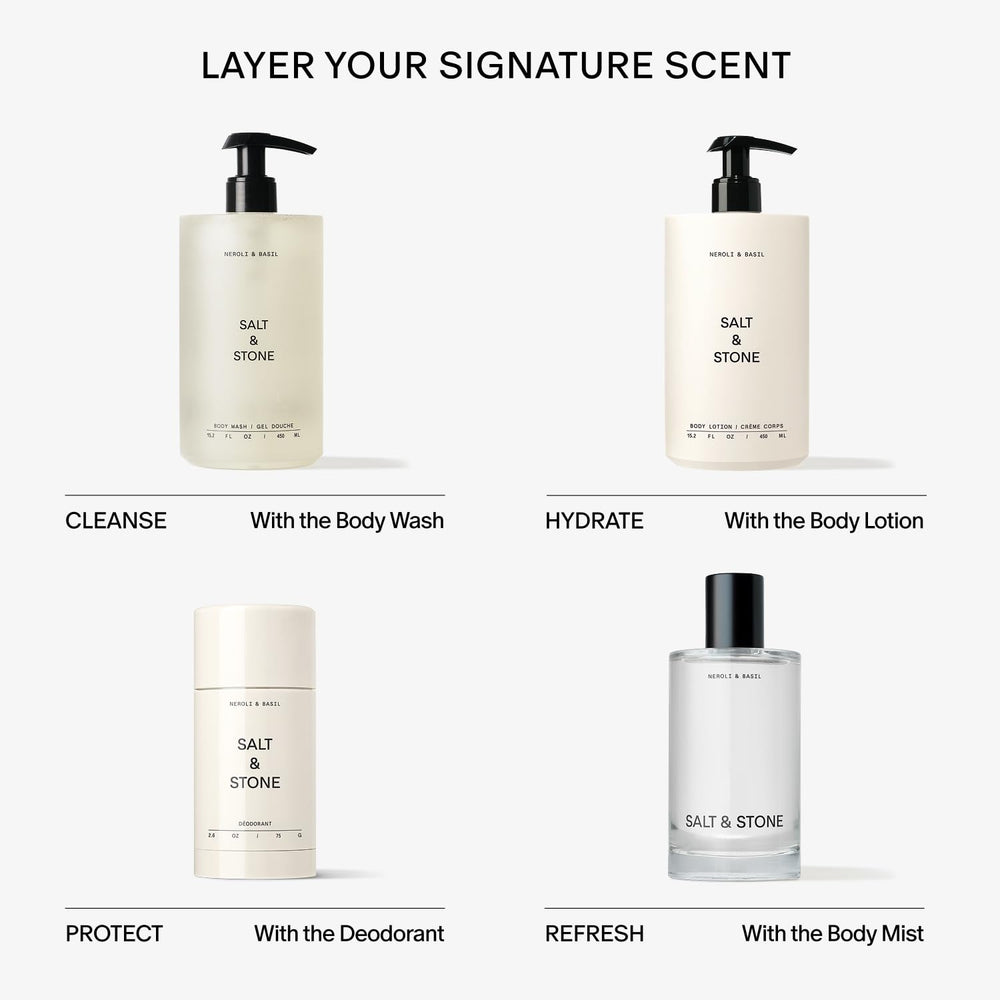 Format 100 ml pratique pour le voyage avec Salt & Stone Lotion Neroli Basil.