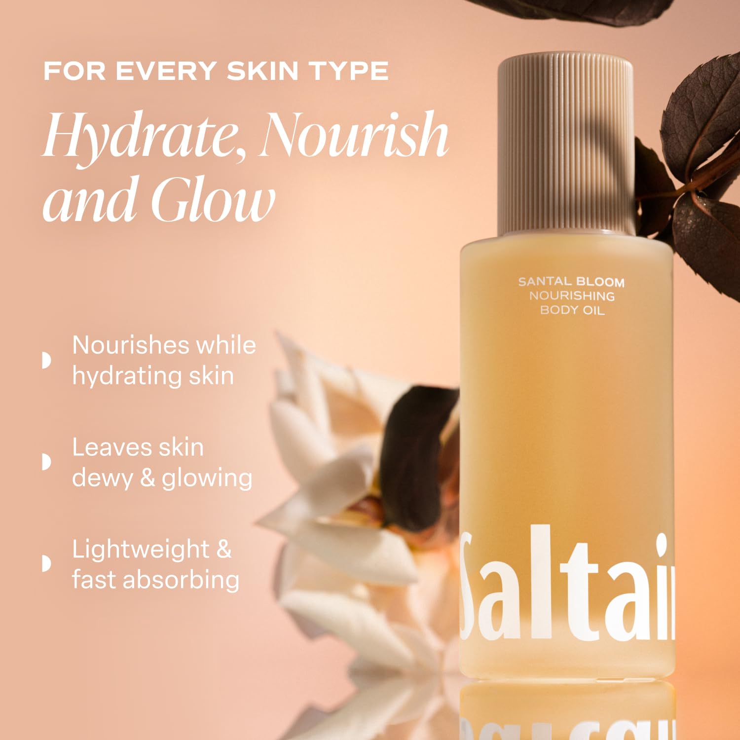 Saltair Santal Bloom application on damp skin for optimal absorption after shower.