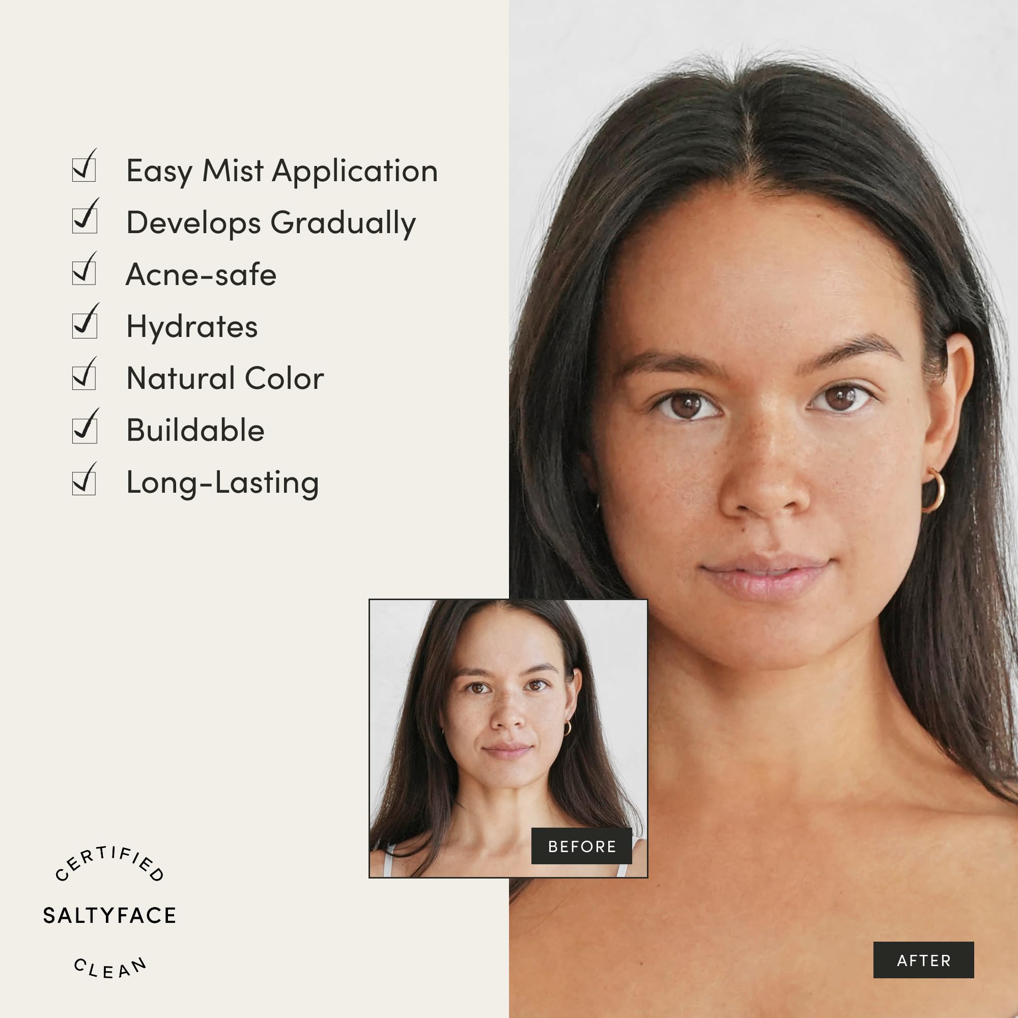 SALTYFACE Agua Bronceadora, tono medio a oscuro para un color natural.
