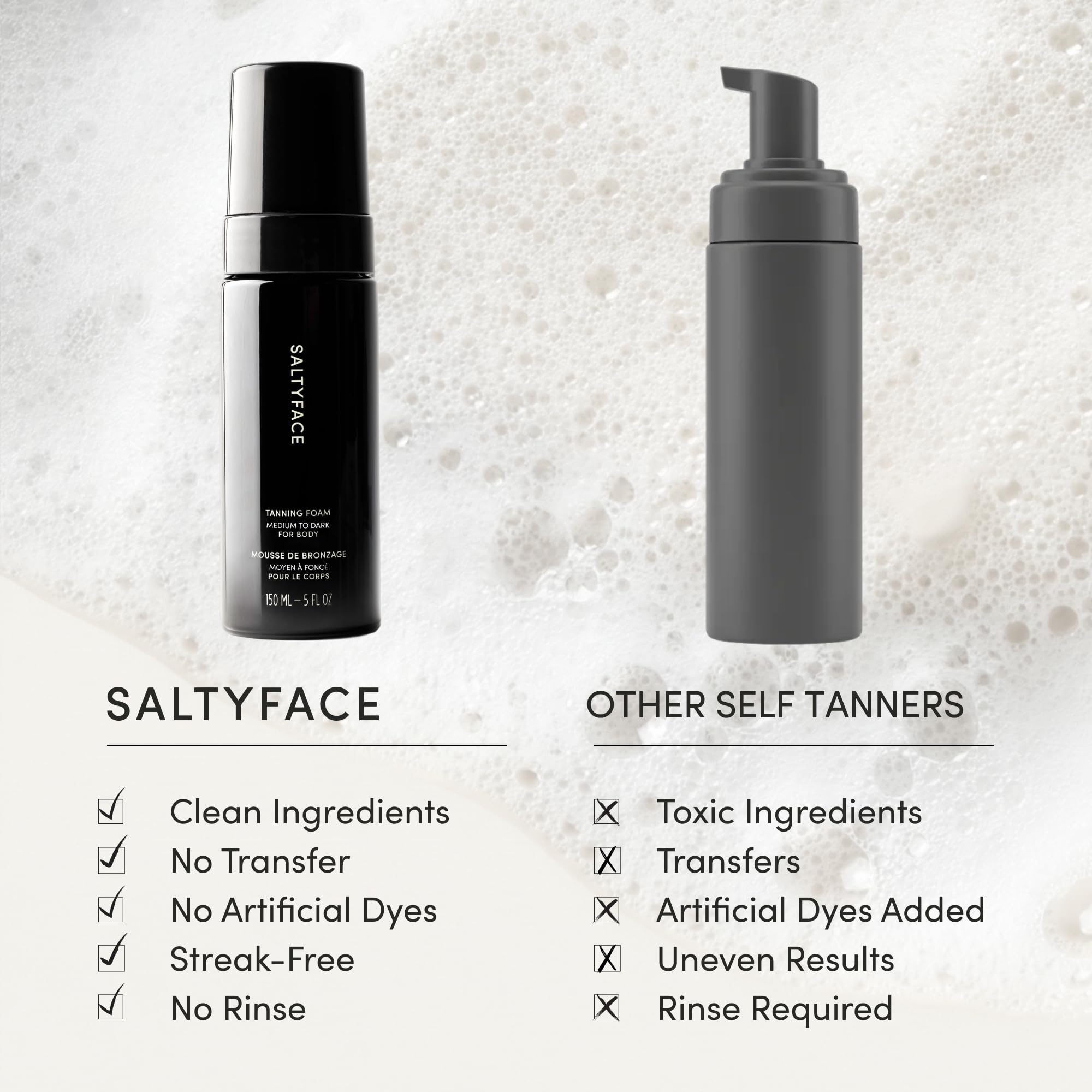 SALTYFACE Espuma Bronceadora: tono medio universal para piel clara a oscura.