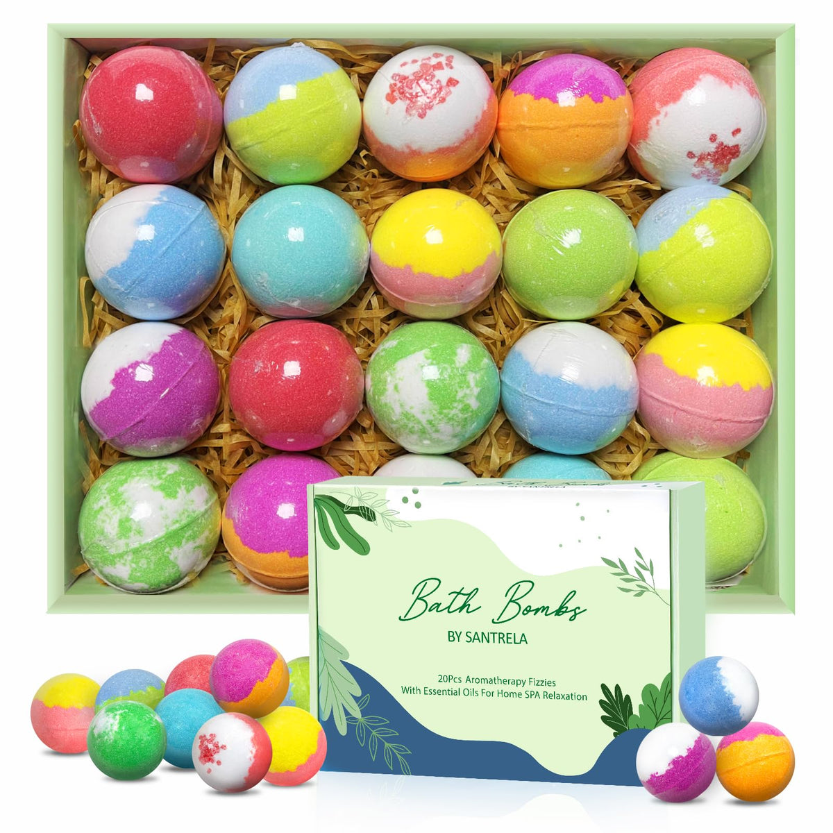 Santrela bath bombs gift set with colorful wrappers for luxurious at-home spa moments.