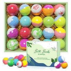 Santrela bath bombs gift set with colorful wrappers for luxurious at-home spa moments.