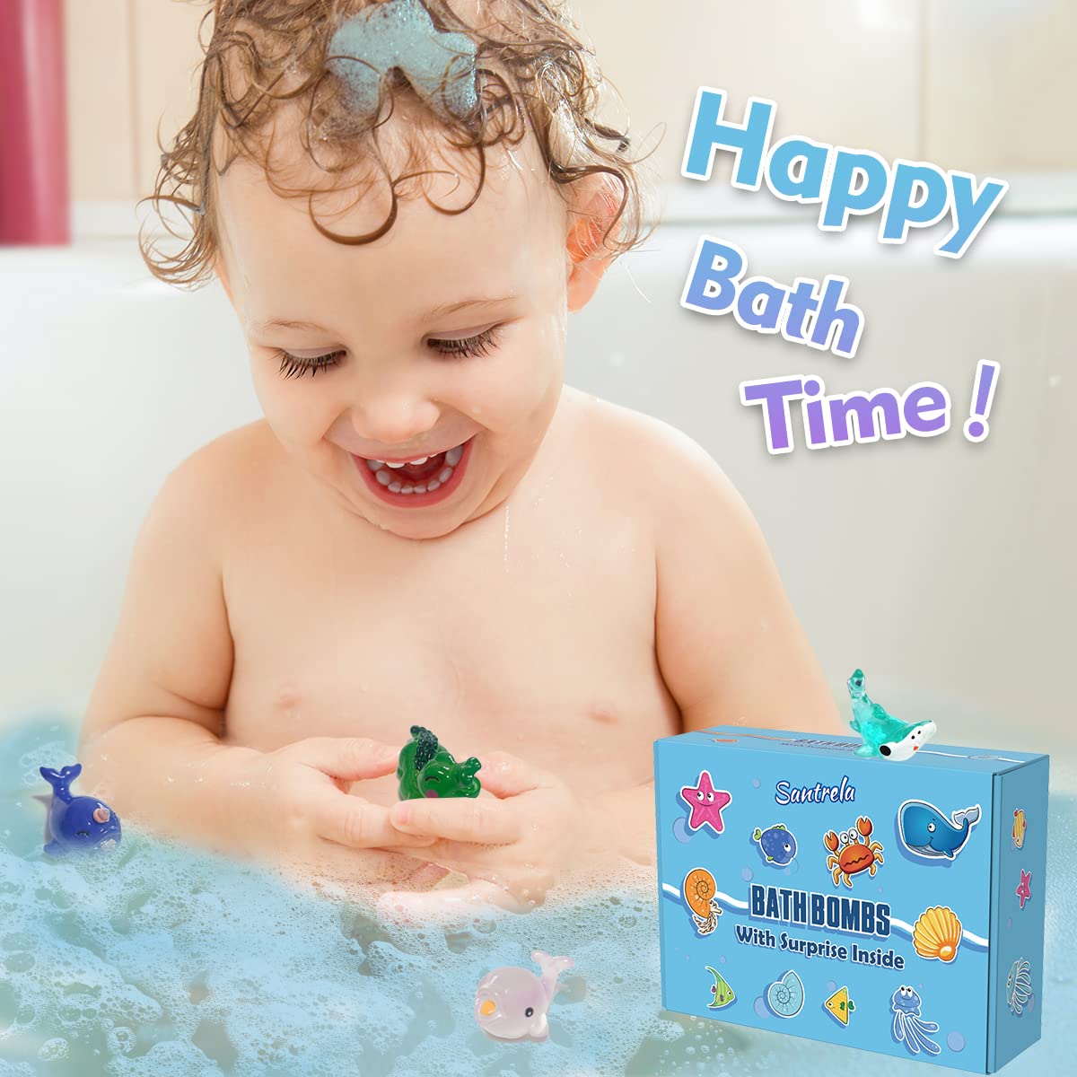 Bomba de baño Santrela con concha sorpresa y burbujas brillantes para un baño relajante.