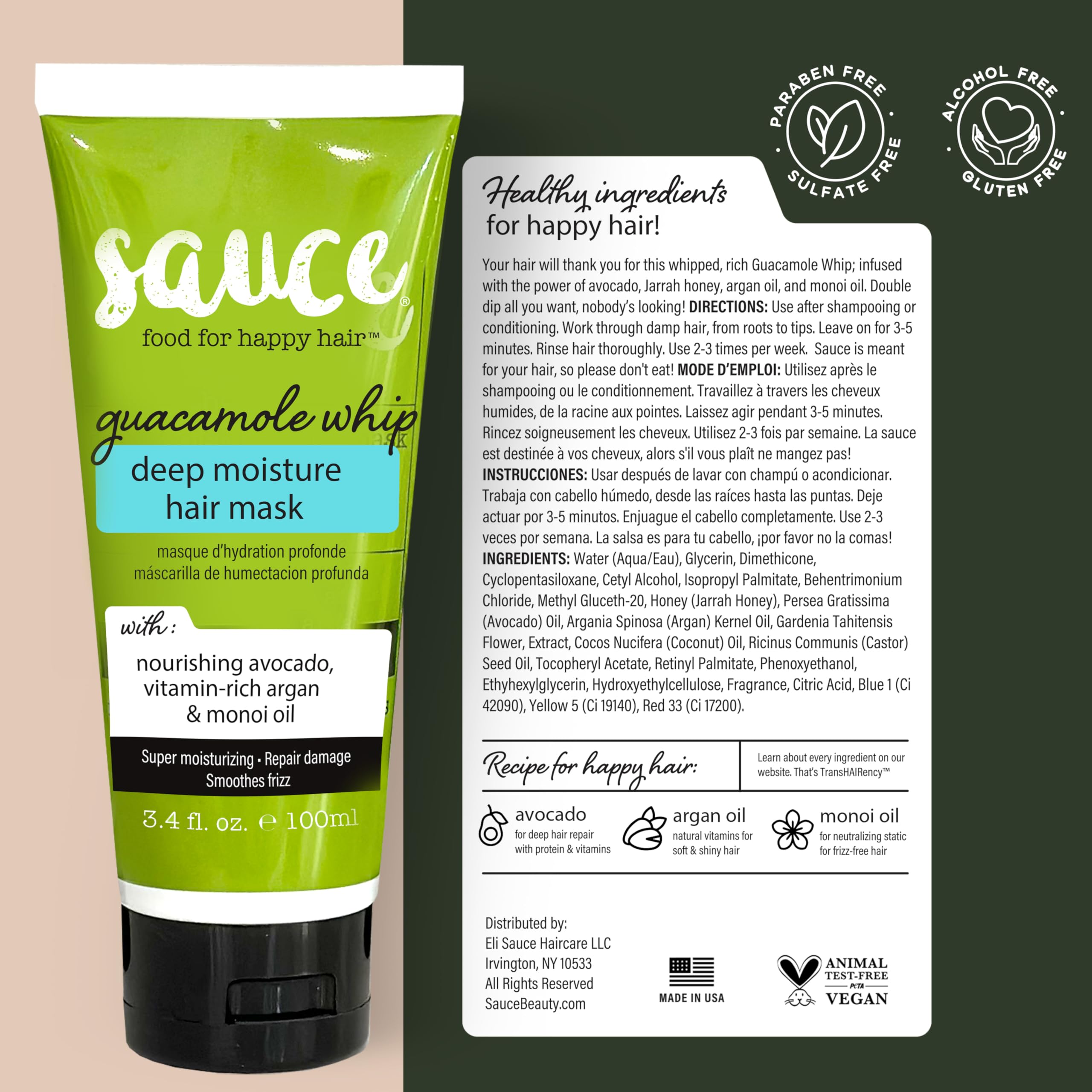 SAUCE BEAUTY Guacamole mascarilla para cabello: empaque práctico en tubo para uso diario.