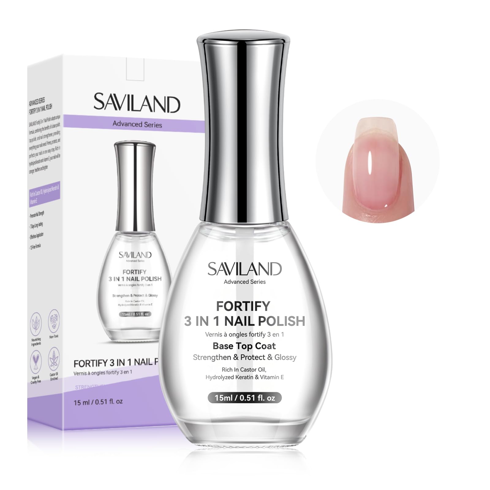 SAVILAND 3-en-1 base y top coat para uñas, brillo duradero