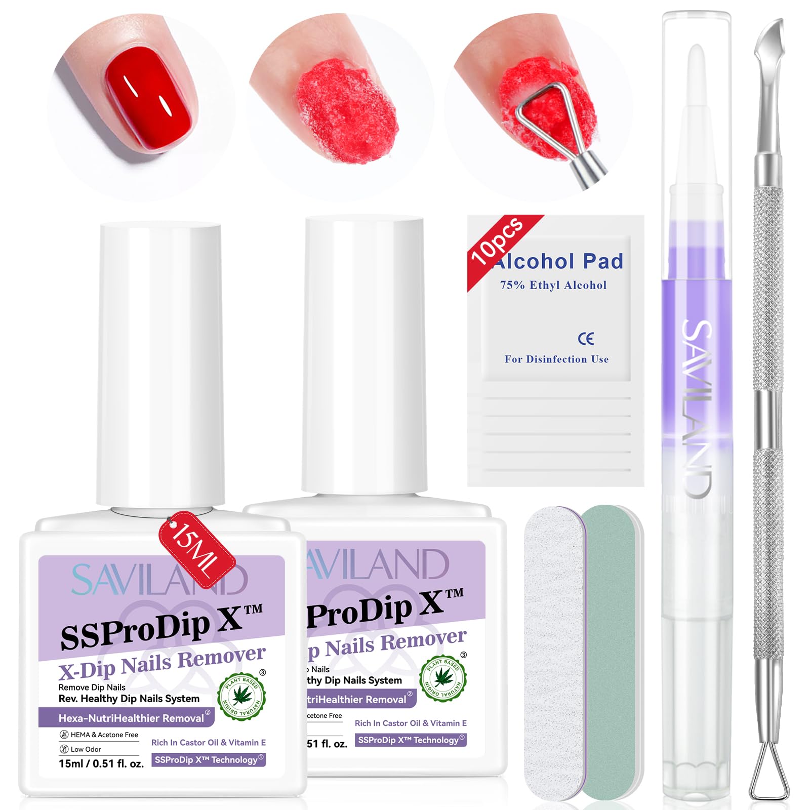 SAVILAND dip powder remover bottles show a dual 15 ml kit for gentle at home removal