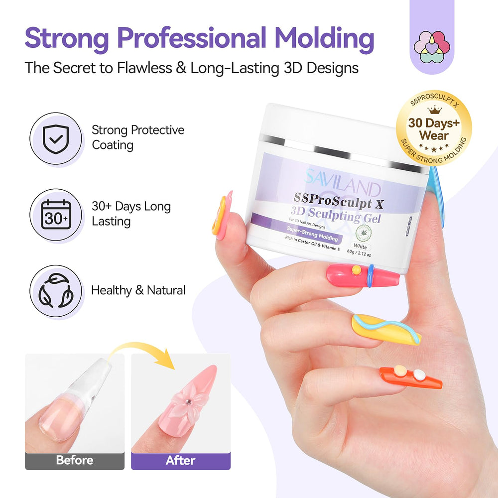 SAVILAND gel-3d para extensiones de uñas, apariencia duradera hasta 30 días.