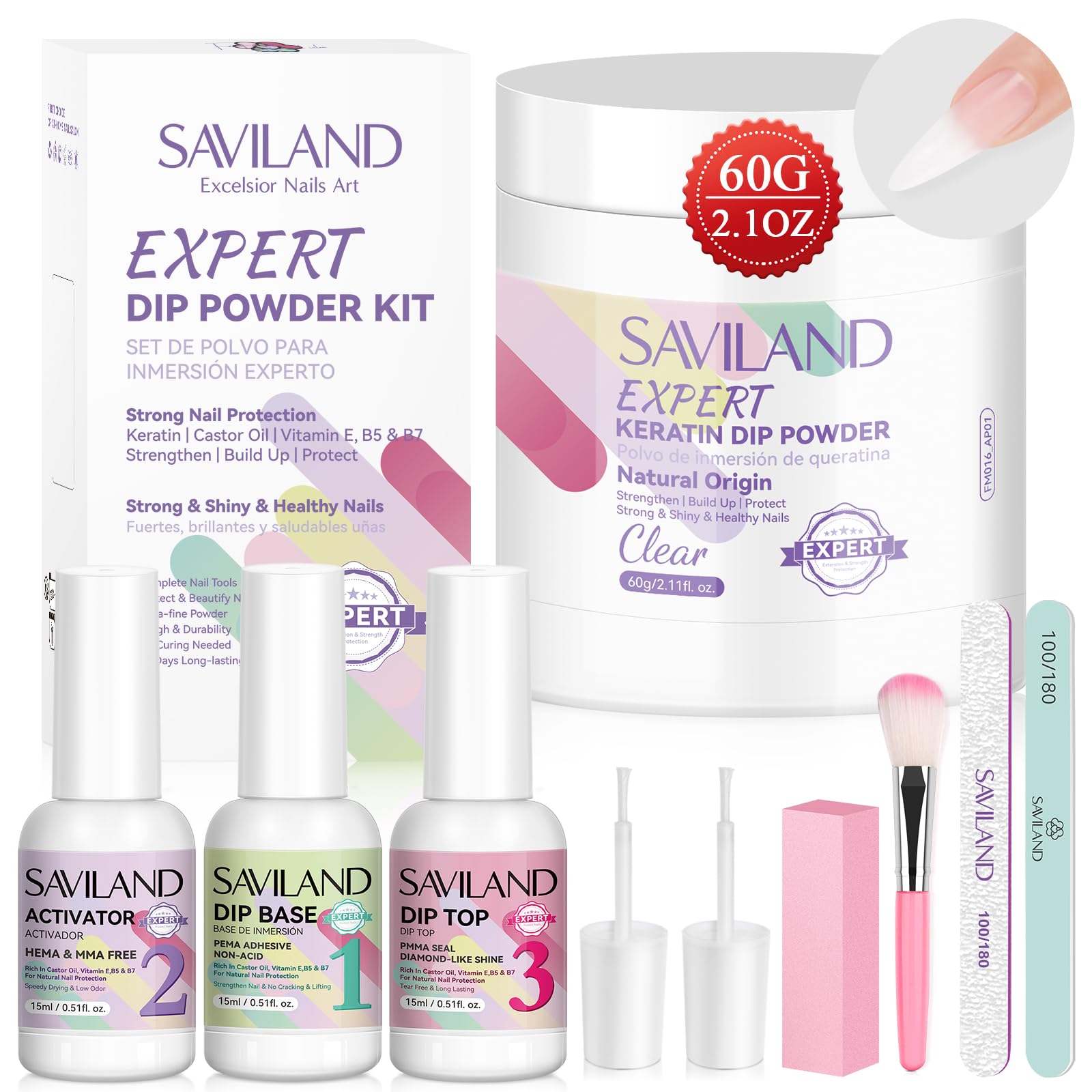 SAVILAND polvo dip transparente 60 g, acabado suave y duradero para uñas naturales.