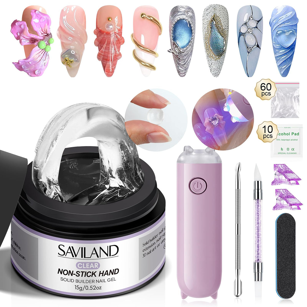 SAVILAND PRO-HARD kit with UV lamp for quick nail extensions.