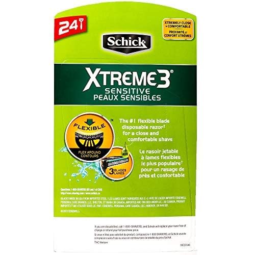 Schick Xtreme 3 Sensitive Razor pack display emphasizes bulk convenience for everyday use.