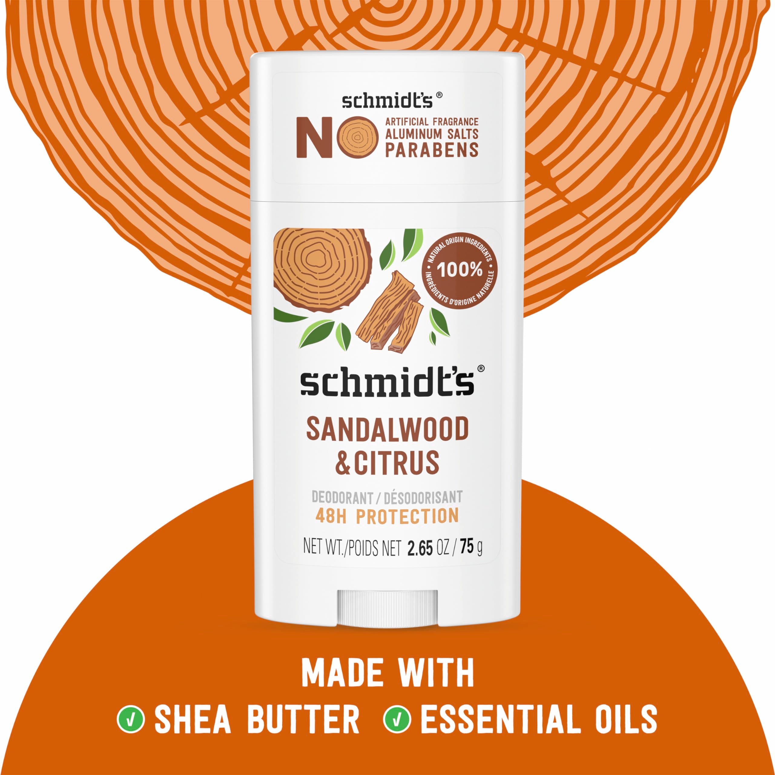Schmidt's Sandalwood y Citrus, aplicación en axilas con 1–2 movimientos para frescura.