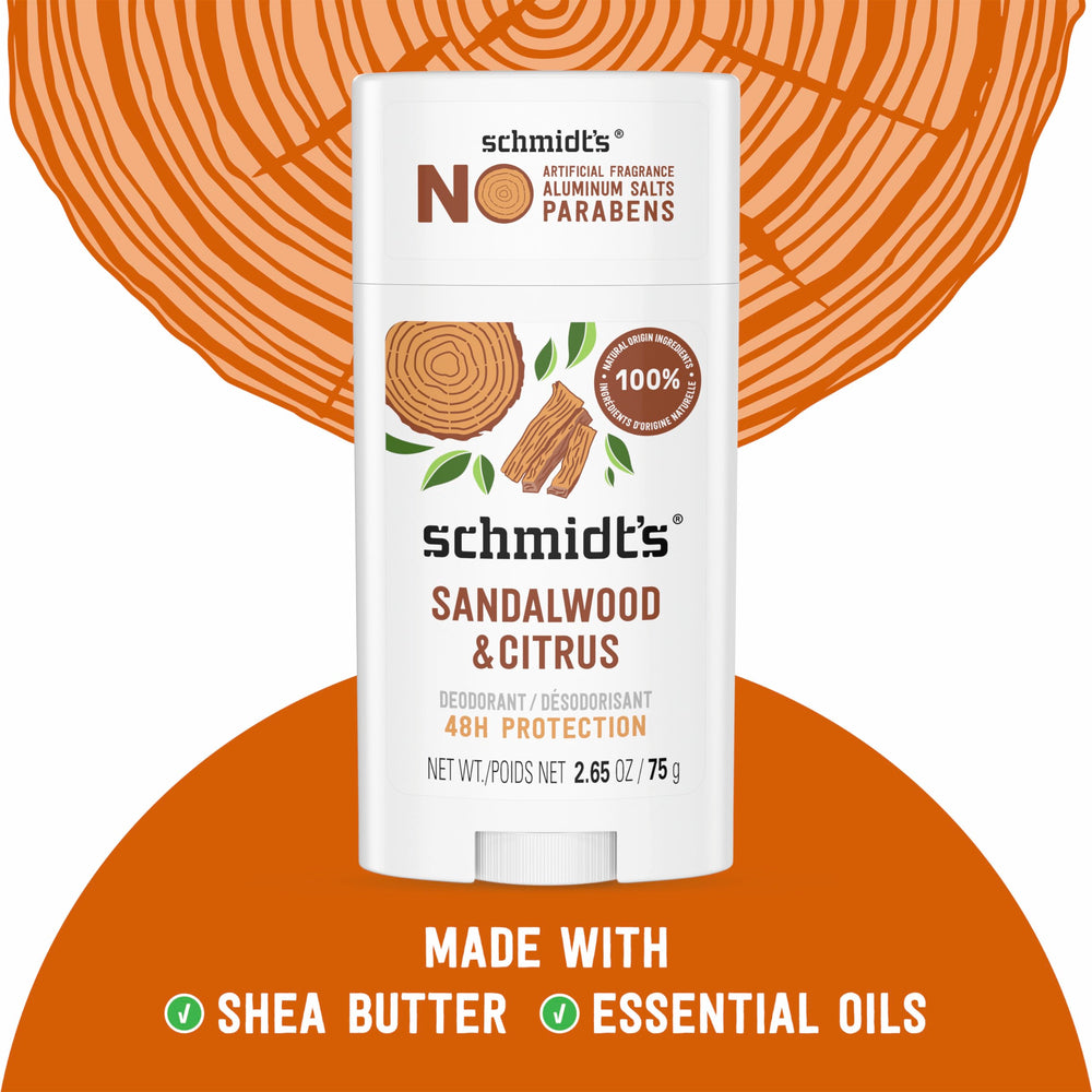 Schmidt's Sandalwood y Citrus, aplicación en axilas con 1–2 movimientos para frescura.