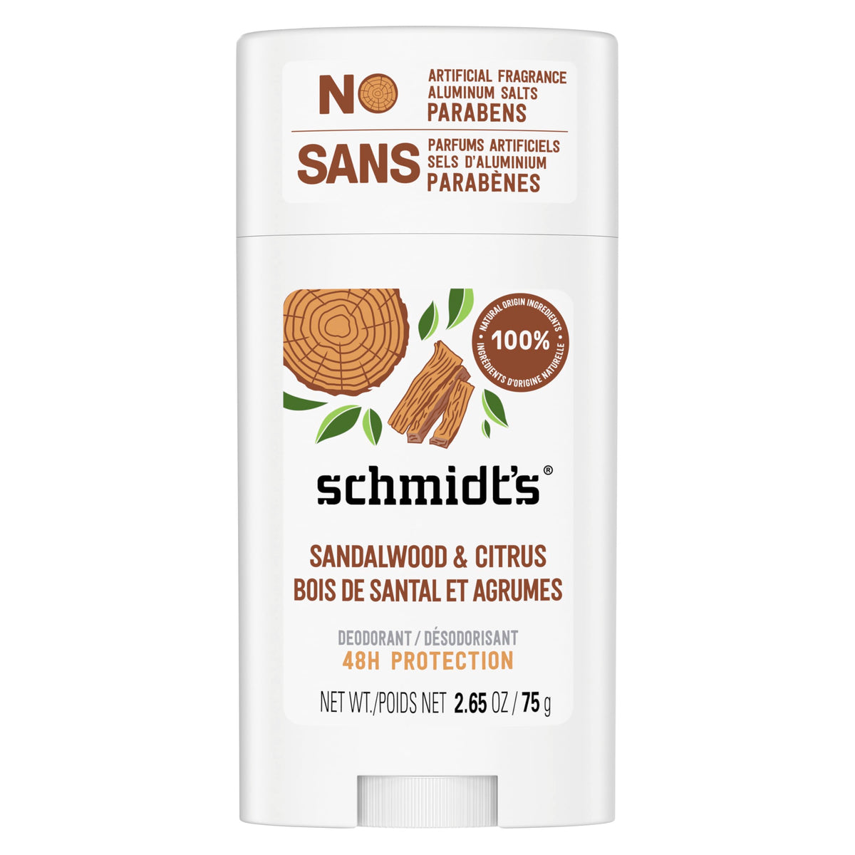 Schmidt's Sandalwood y Citrus desodorante sin aluminio, botella de 2,65 onzas, protección prolongada.