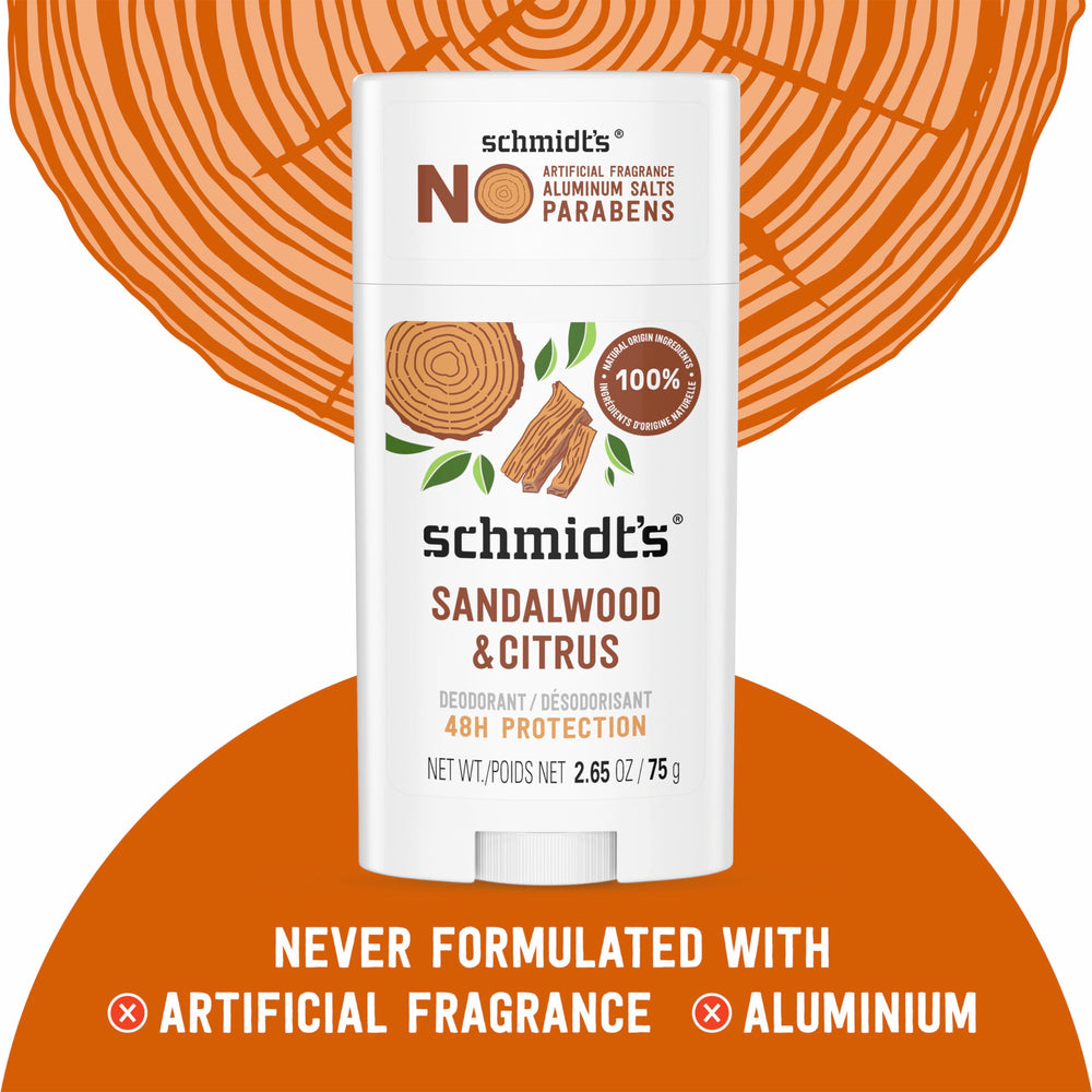 Schmidt's Sandalwood y Citrus, ingredientes naturales certificados para el cuidado diario.