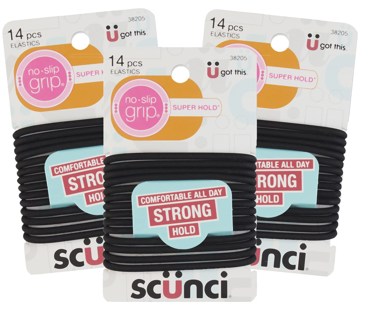 Elásticos Scunci Gel negros con agarre antideslizante para coletas sin deslizamiento.