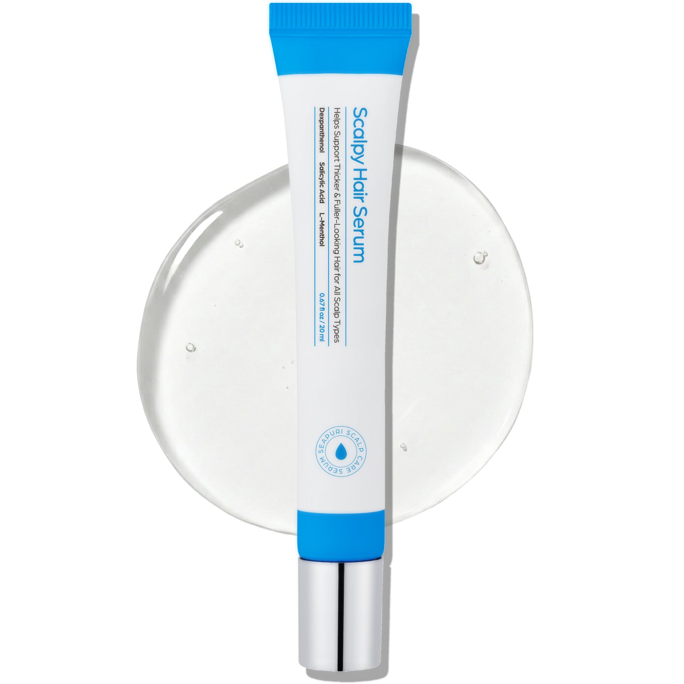 Seapuri Scalpy hair growth serum bottle demonstrates a potent, non-greasy formula for fuller hair.