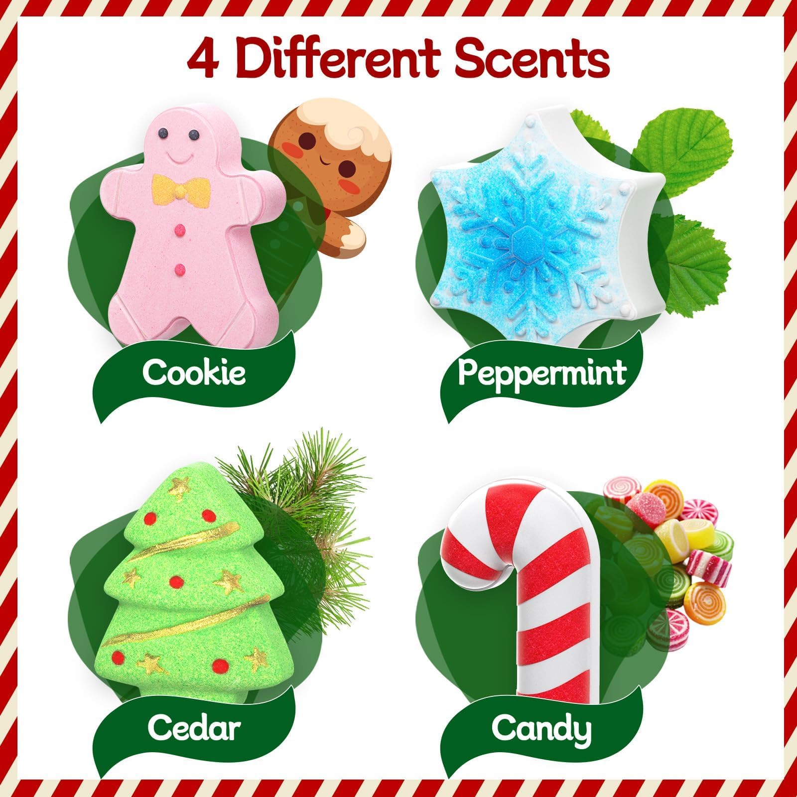 SeasonBliss bombas de baño bastón-caramelo: aroma menta ligera y color vibrante en la bañera.
