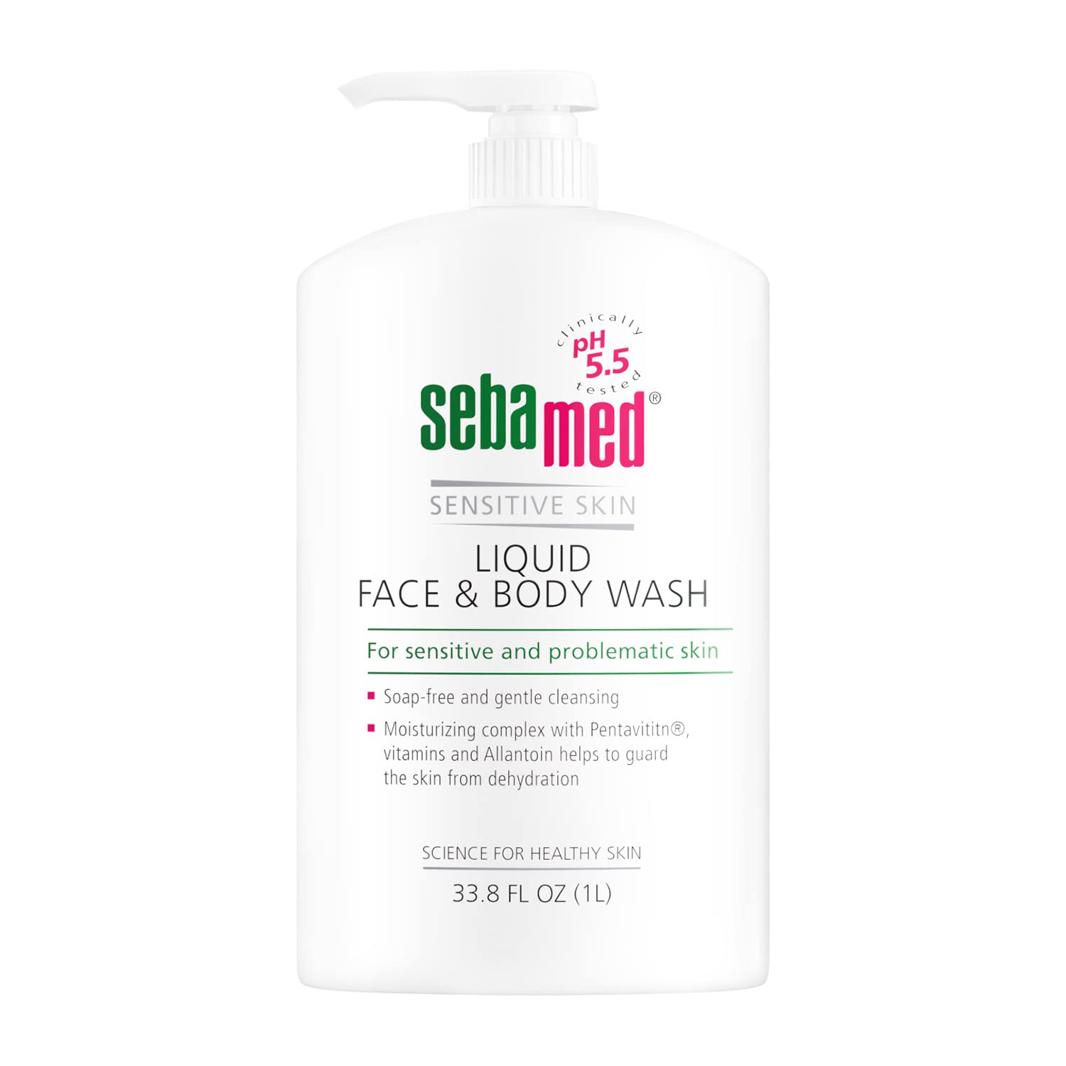 SEBAMED botella 1L frente, ideal para piel sensible y uso diario.
