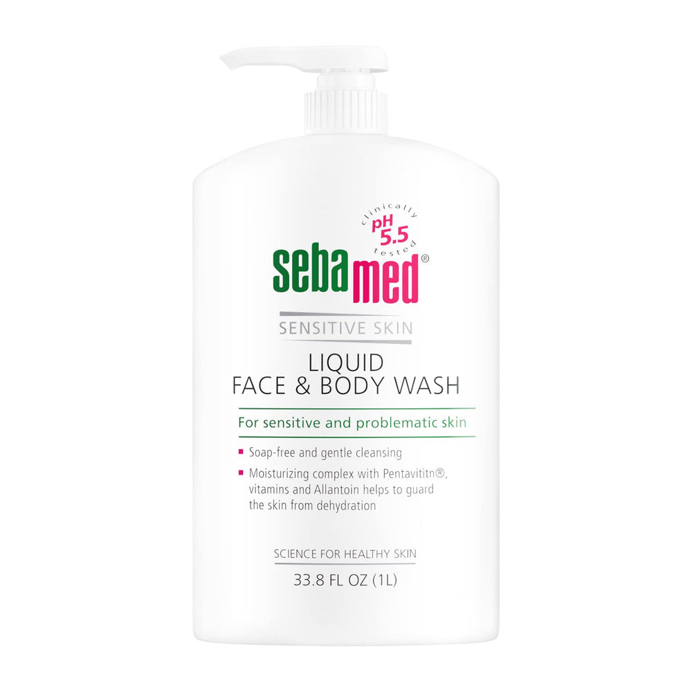 SEBAMED botella 1L frente, ideal para piel sensible y uso diario.