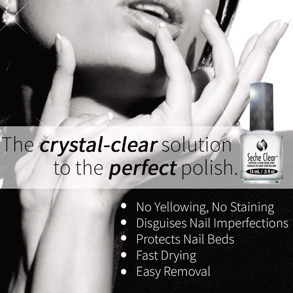 Seche Clear Base Coat fortalece uñas naturales y mejora la adherencia del color.