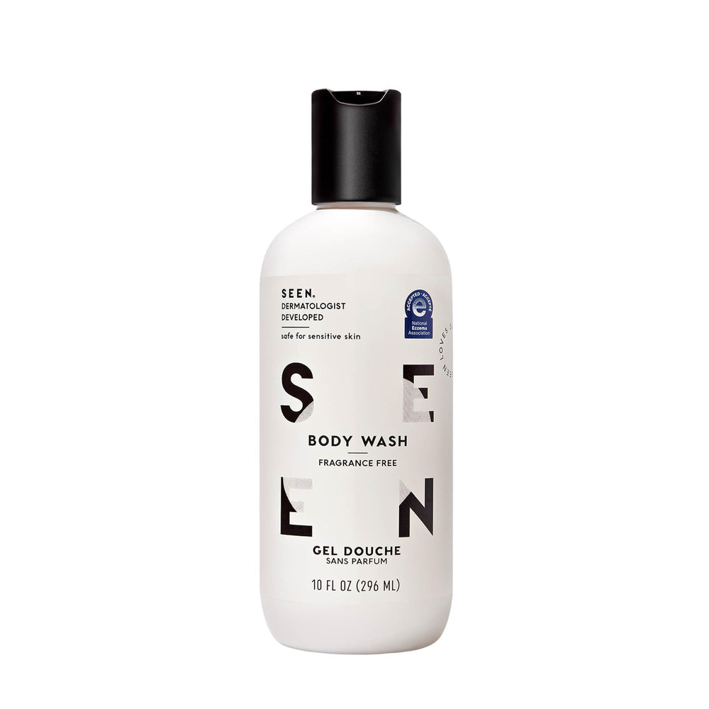 SEEN gel-douche sans parfum en bouteille pour peau sensible.