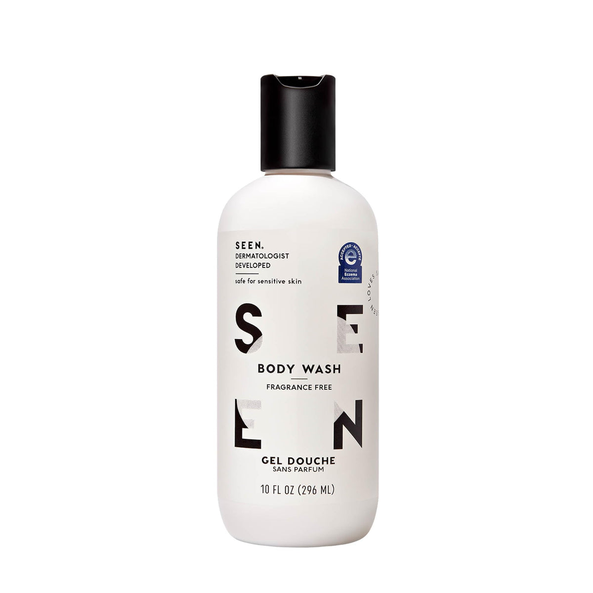 SEEN gel-douche sans parfum en bouteille pour peau sensible.