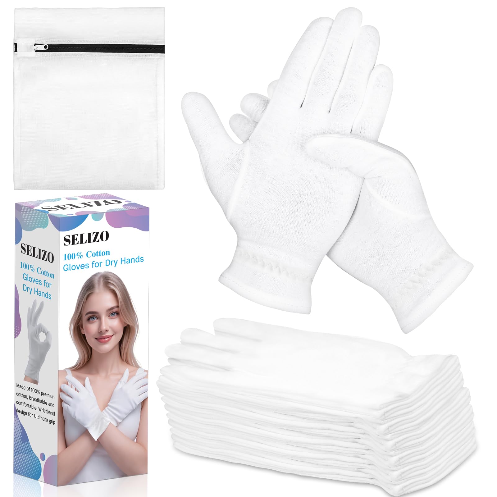 Guantes Selizo de algodón blancos para uso nocturno y absorción suave