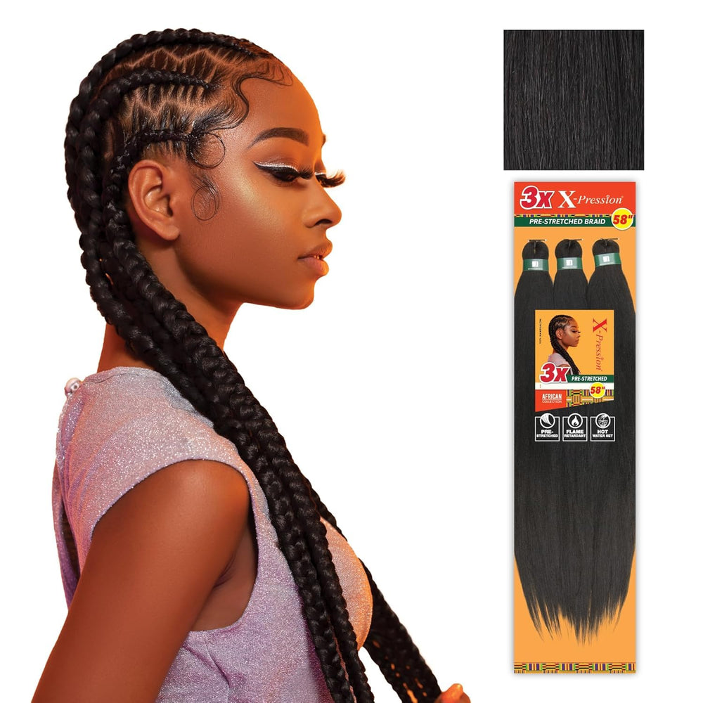 Sensationnel XPRESSION 3X, trenza preestirada de 58 pulgadas, paquete de 5 mechas 1B para volumen.