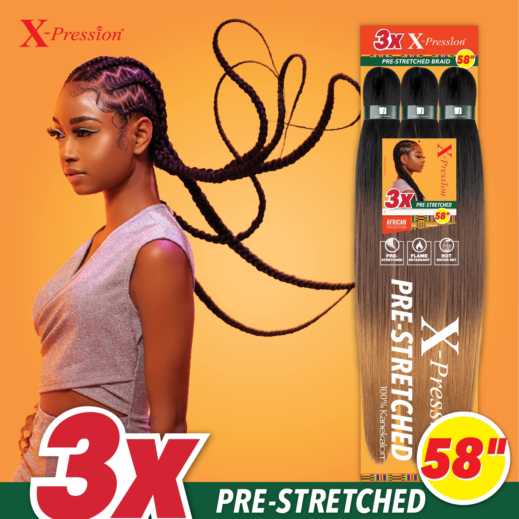 Cabello retardante de llama Sensationnel X-pression para mayor seguridad al peinar.