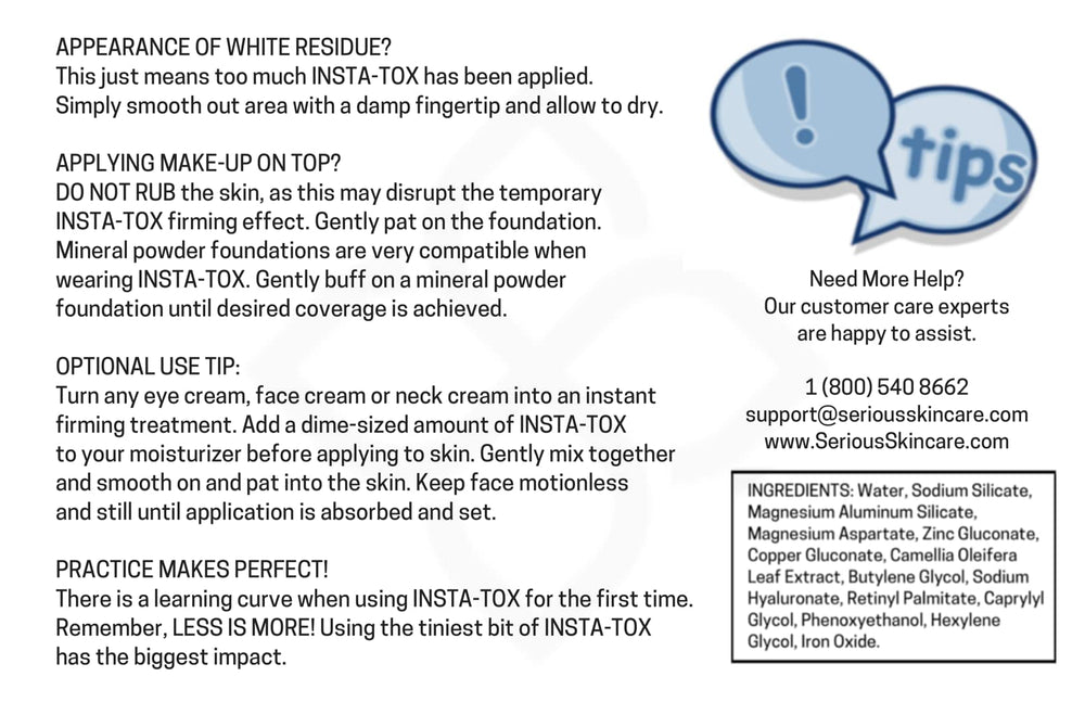 Serious Skincare Insta-Tox caja: folleto de instrucciones incluido.