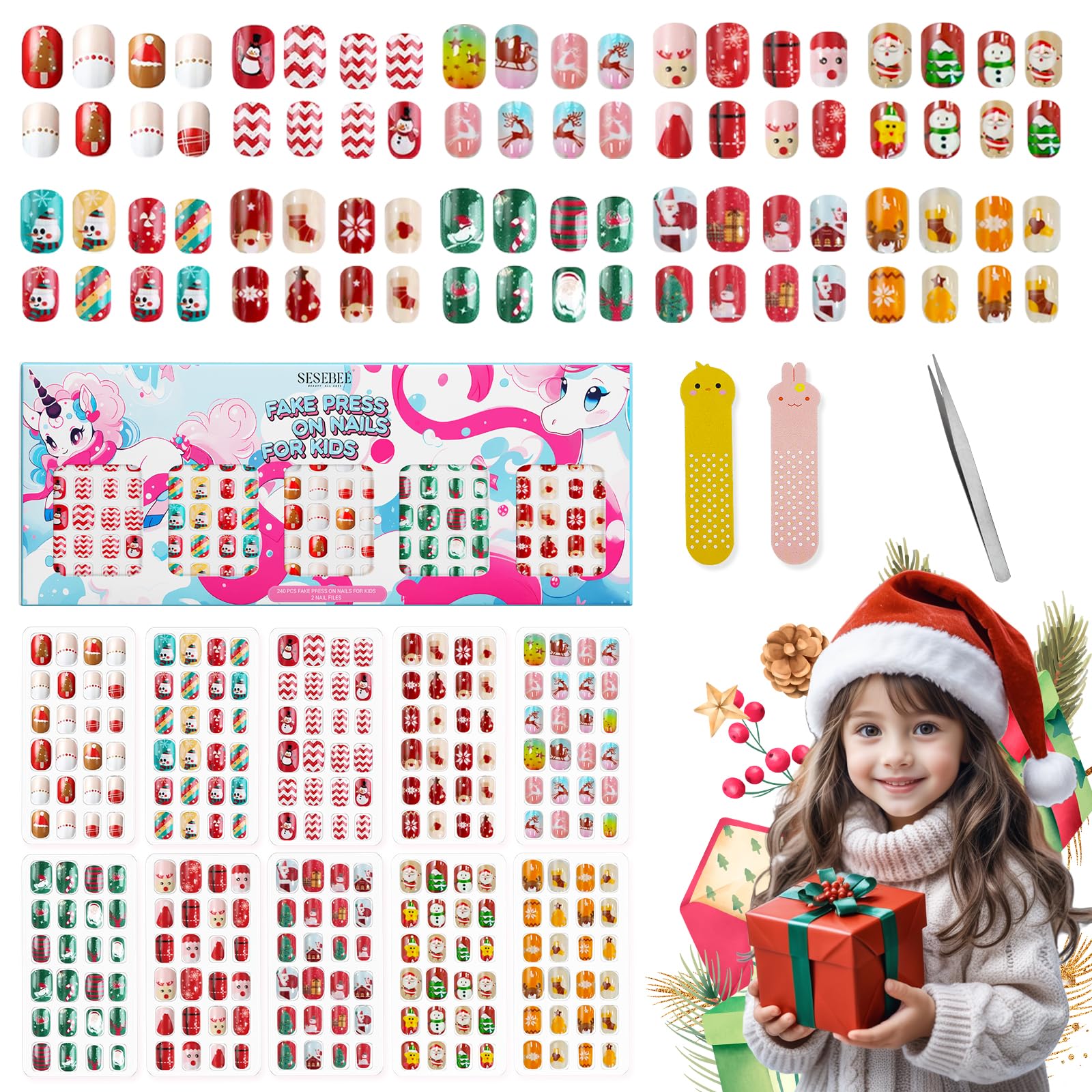 Uñas prensadas SeseBee con diseño Santa para fiestas navideñas rápidas y seguras