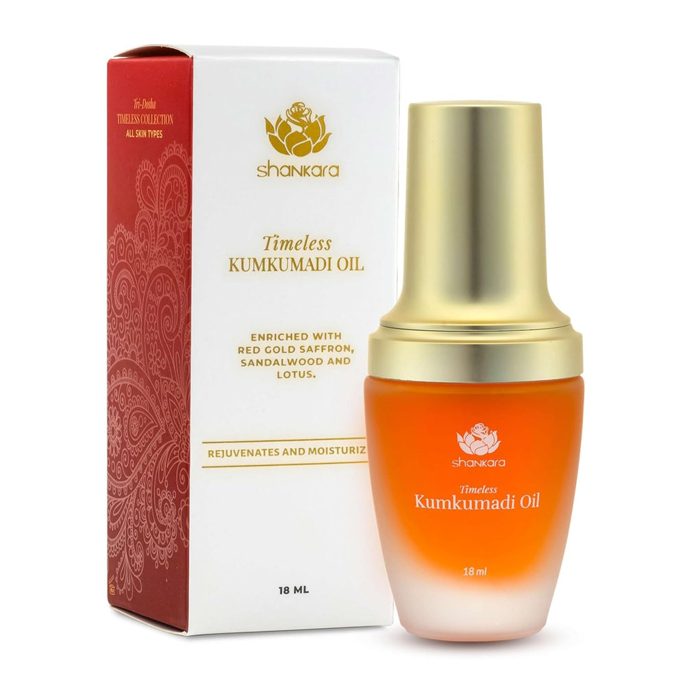 Shankara Kumkumadi Aceite en frasco, ideal para hidratación suave.