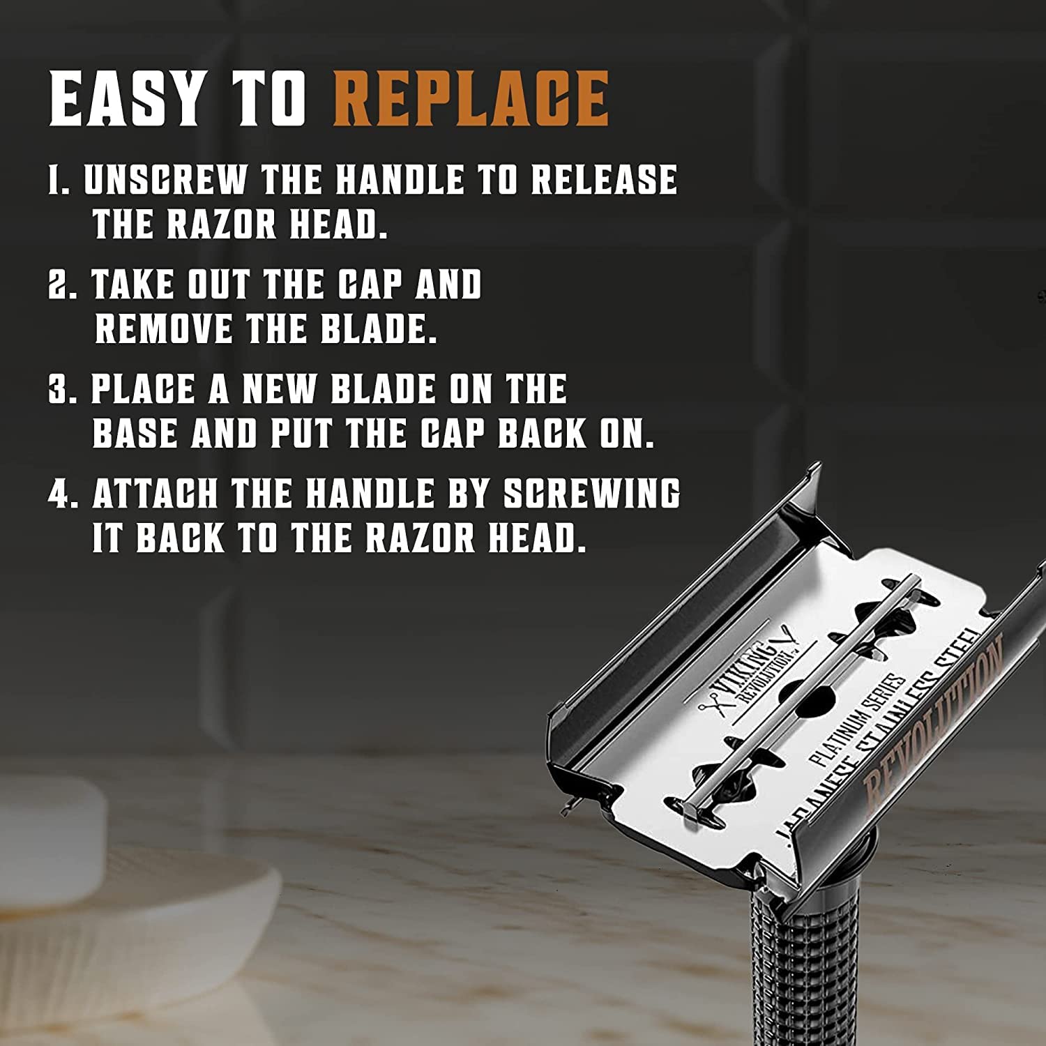 SHAVING REVOLUTION cuerpo de acero inoxidable garantiza longevidad diaria.