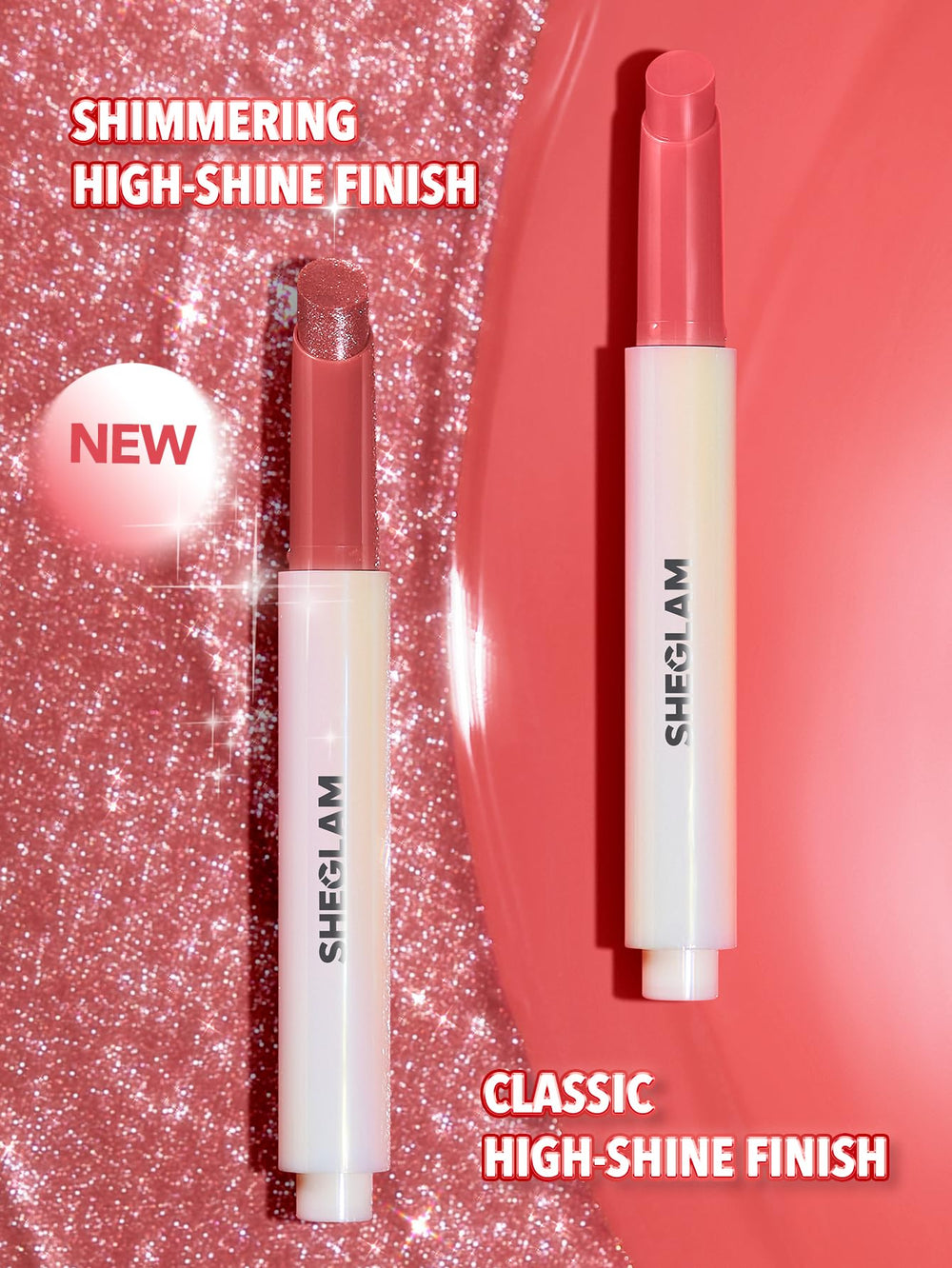 SHEGLAM labial sólido hidratante detalle de brillo cintilante.