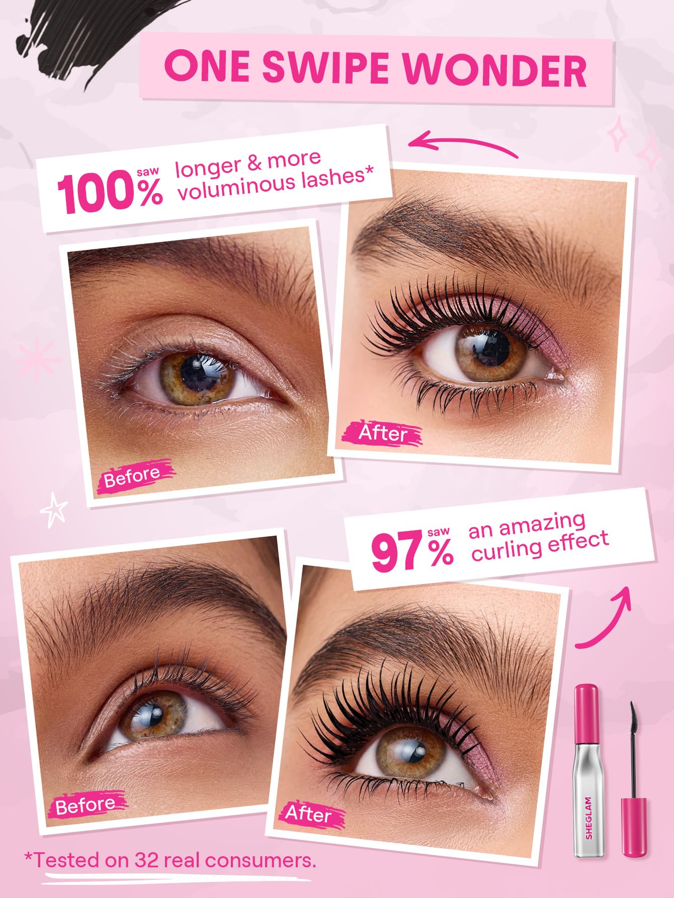 SHEGLAM Lashlighter: infusión de péptidos y jojoba para nutrir pestañas.