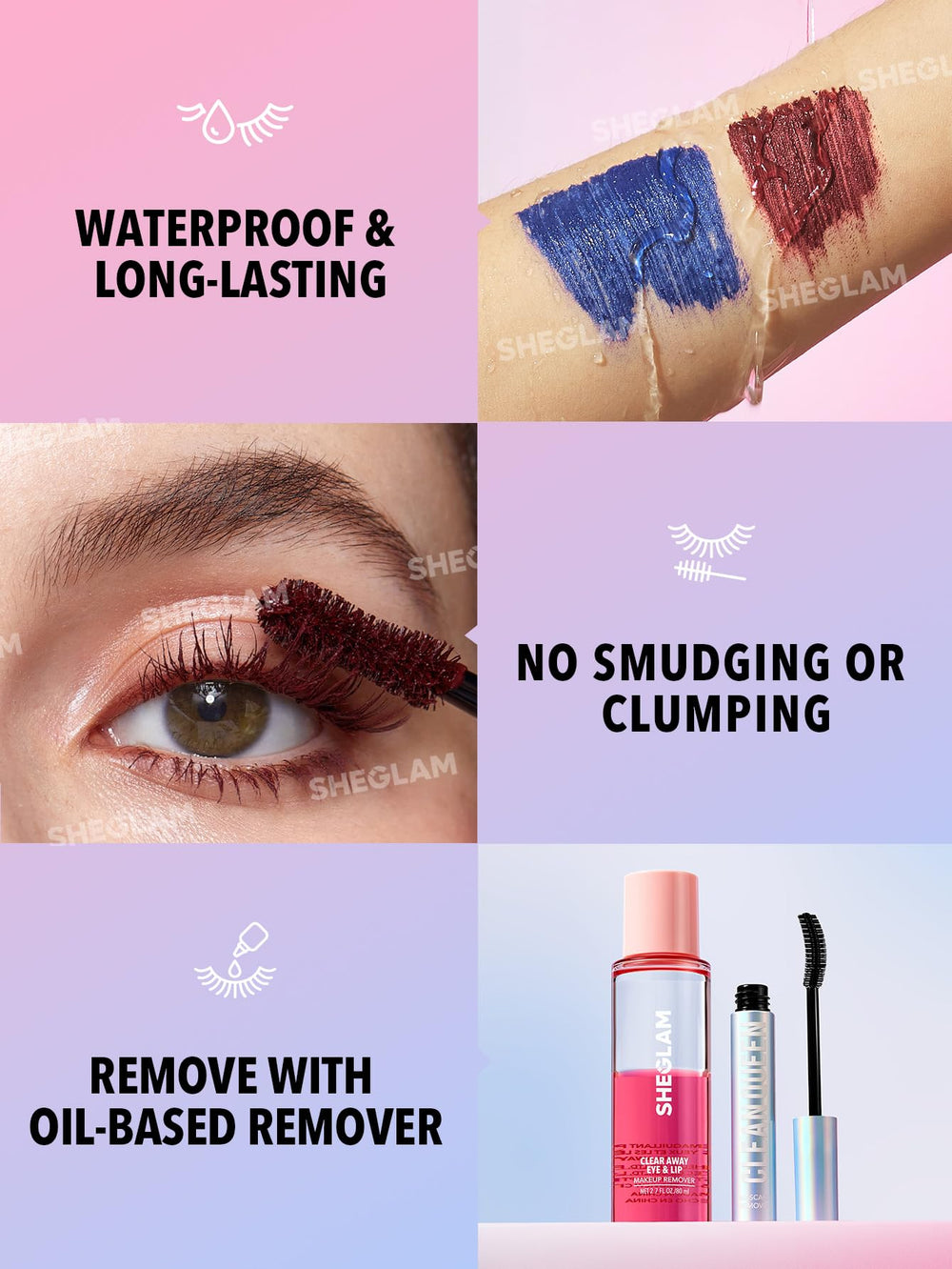 SHEGLAM Todo-en-Uno Mascara azul ofrece longitud adicional para pestañas más largas