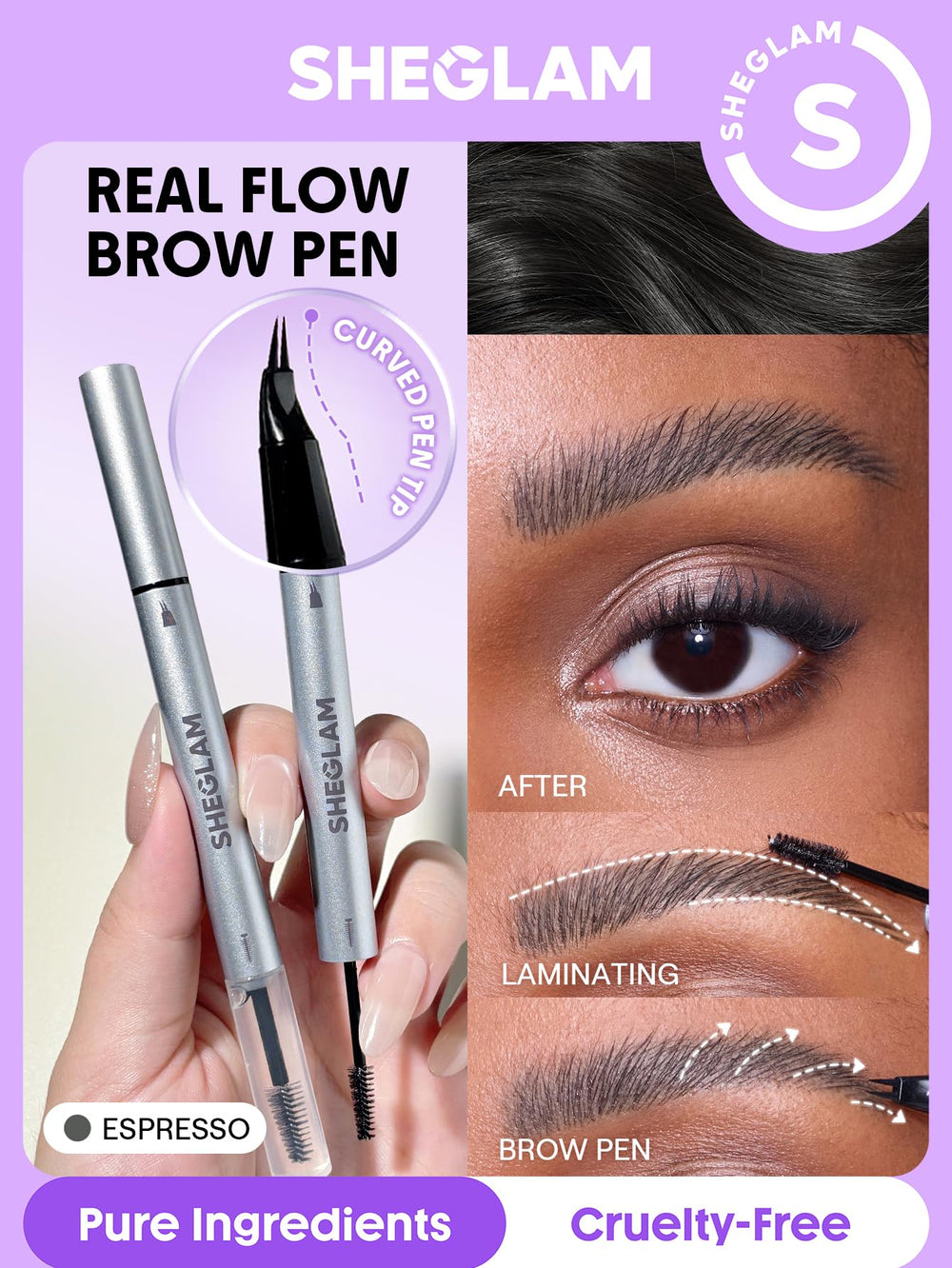SHEGLAM Real Flow Laminating Brow Pen Espresso, diseño 2-en-1 para cejas rápidas