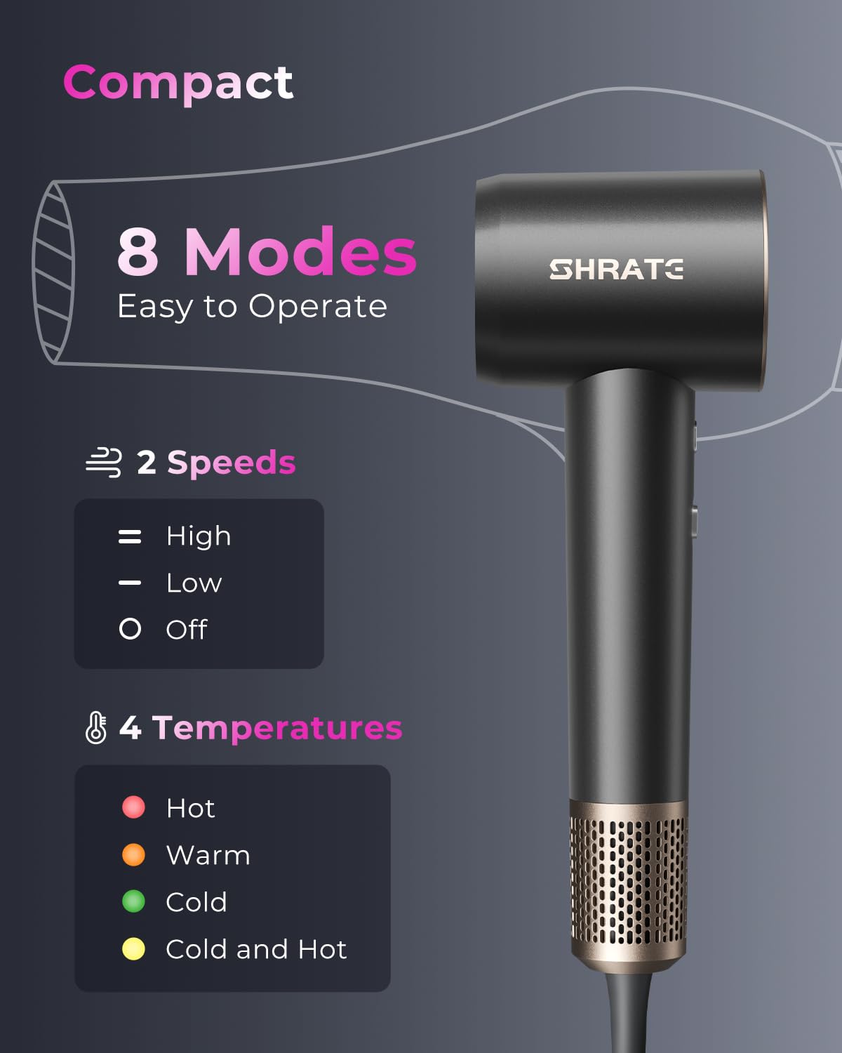 SHRATE ajustes de calor y velocidad para peinados rápidos y brillantes.