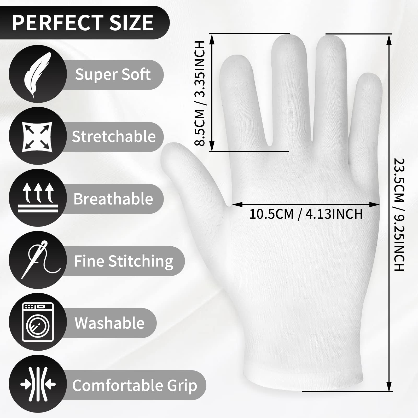 Guantes Sibba de algodón blancos para absorción de cremas en las manos.